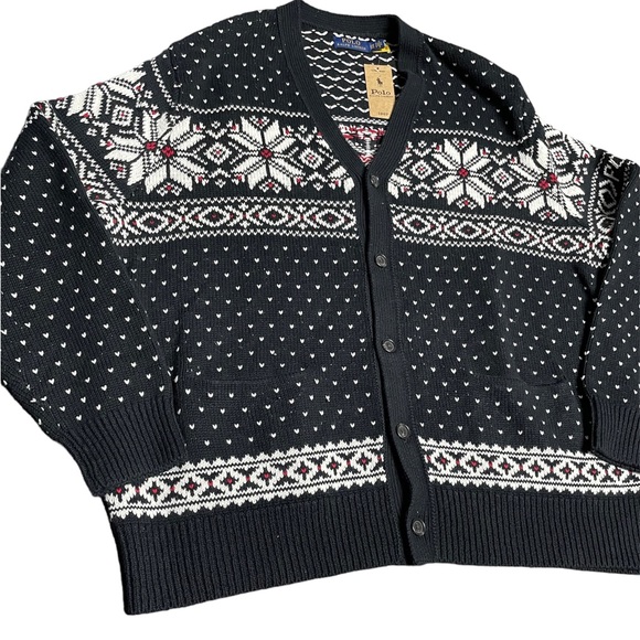 New 2XBig Polo Ralph Lauren Winter Snowflake Black White Cardigan Sweater Button - Picture 2 of 6